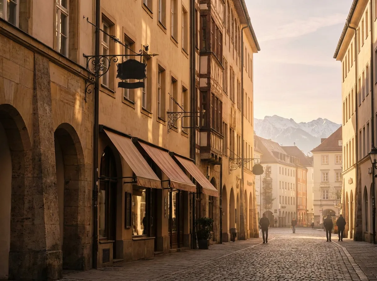 Altstadtgasse in Süddeutschland mit Arkaden und den Alpen im Hintergrund