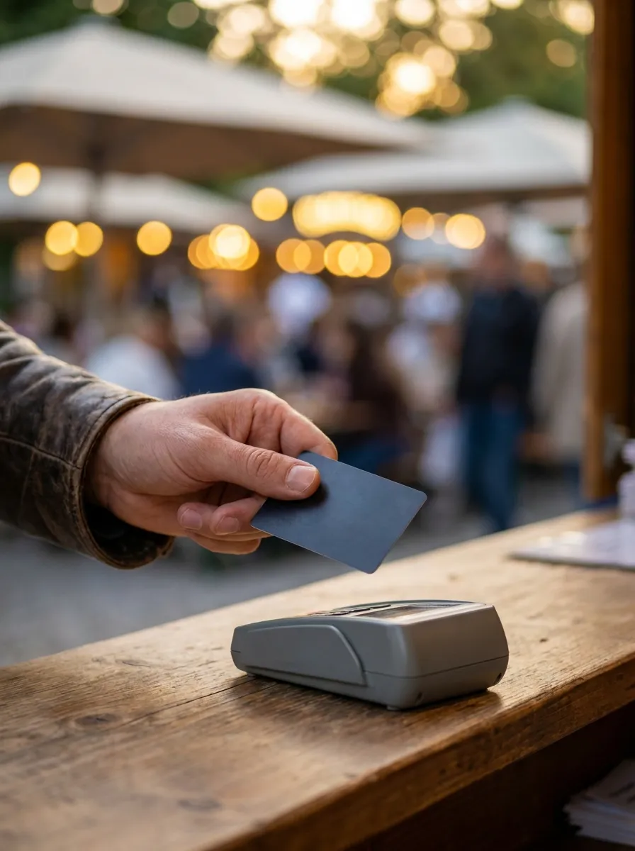 Kontaktlose Kartenzahlung an einem mobilen Terminal im Biergarten