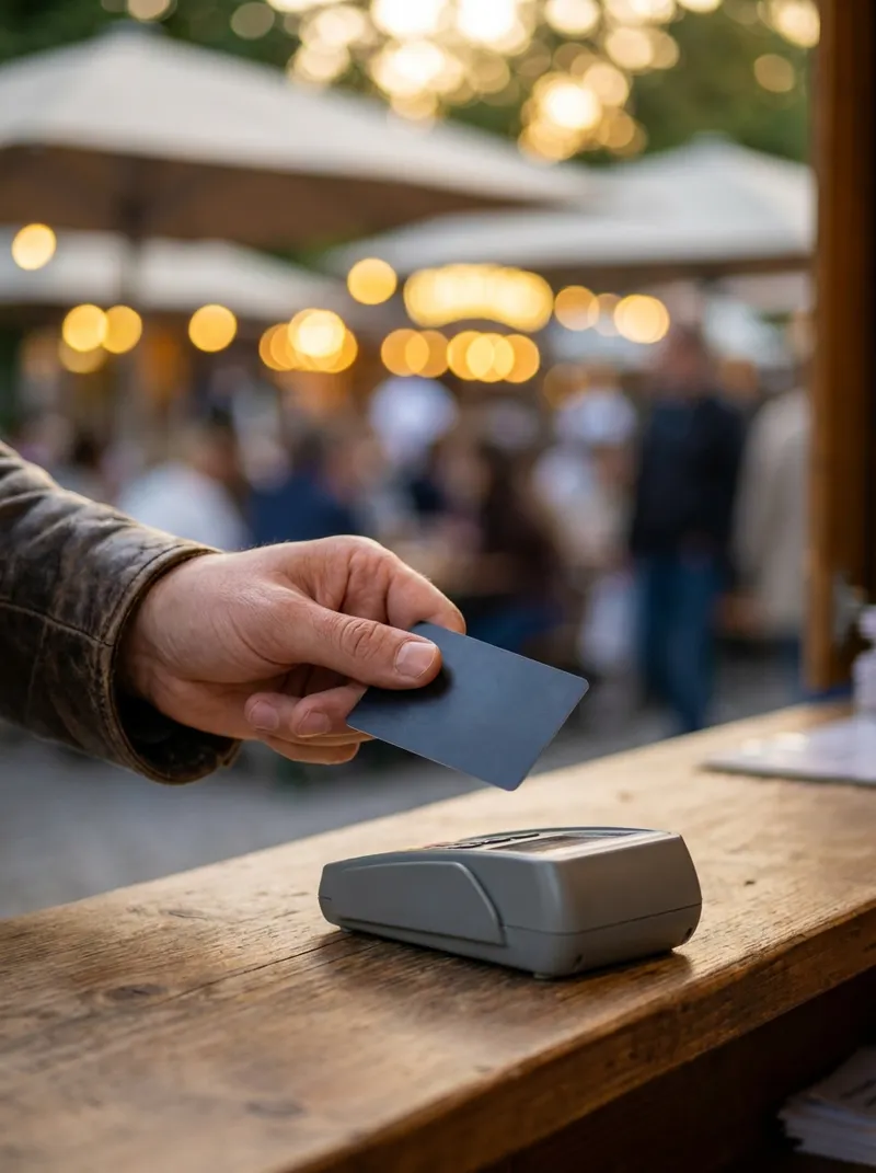 Hand zahlt kontaktlos mit Karte an einem mobilen Terminal im Biergarten